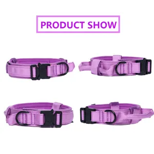 Vista detallada del collar táctico para perros de nylon púrpura ajustable desde varios ángulos