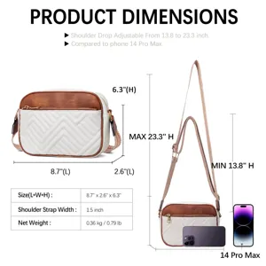 Detailed product dimensions for quilted color block crossbody bag with iPhone size comparison
