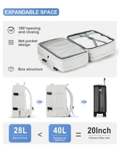 Detalle que muestra la expansión de 28L a 40L de la mochila de viaje blanca multifuncional