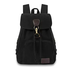 Front view of this vintage black canvas backpack with drawstring and buckle closure.