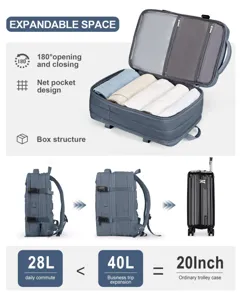 Diseño detallado de gran mochila de viaje gris con capacidad ampliable de hasta 40L