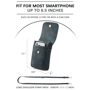 Detail view of PU leather phone crossbody bag with precise size specifications.