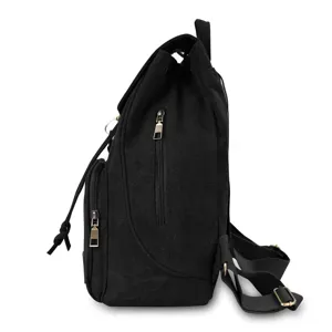 Side view of a vintage black canvas backpack with durable zipper and drawstring