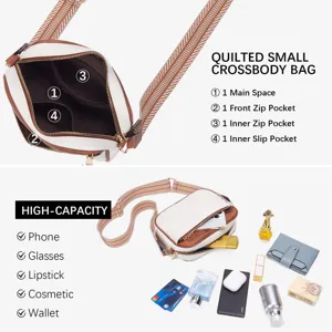 Detailed view of quilted crossbody bag internal compartments and storage capacity