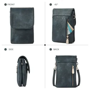 Multi-angle view of vintage teal PU leather crossbody phone bag and wallet set