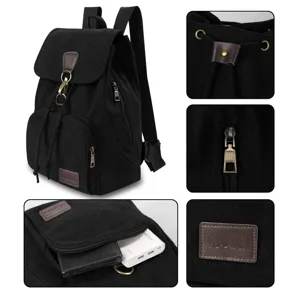 Detail views of a black vintage canvas backpack with leather accents and pocket storage.