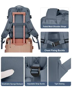Detalles de mochila grande: correas de malla, hebilla de pecho y respaldo acolchado.