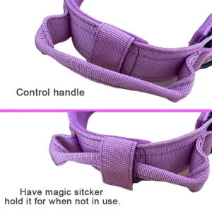 Detalle del collar táctico morado para perros con asa de control y cierre de velcro ajustable