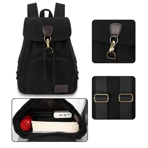 Detailed views of the internal storage and features of this vintage black canvas backpack