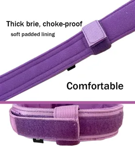 Detalle de collar táctico púrpura para perro con forro suave y velcro