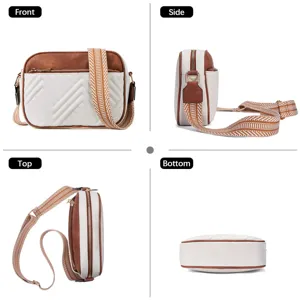 Multi-angle views of a retro color-block quilted crossbody bag with patterned strap