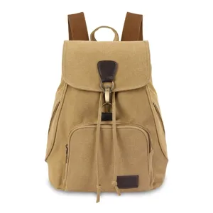 Vintage khaki canvas backpack with drawstring closure and front pocket detail for travel