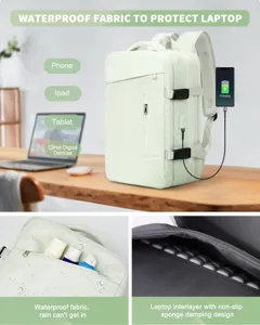 Vista detallada de la tela impermeable y compartimento acolchado para laptop de mochila