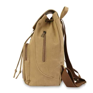 Detailed side view of a vintage khaki canvas backpack with sturdy zippers and straps