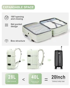 Mochila de viaje expandible gran capacidad, comparativa de volumen de 28L a 40L