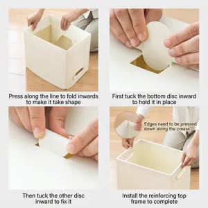 Guía de montaje en cuatro pasos para una caja de almacenamiento plegable crema con marco superior