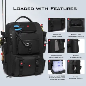 Detailed view of tactical fishing backpack featuring multiple storage pockets and gear straps