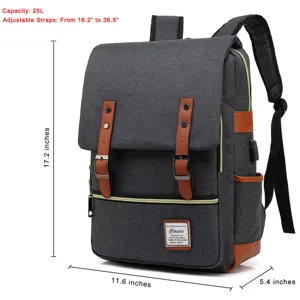 Vintage canvas backpack with USB port, dimensions 17.2x11.6x5.4 inches, 25L capacity