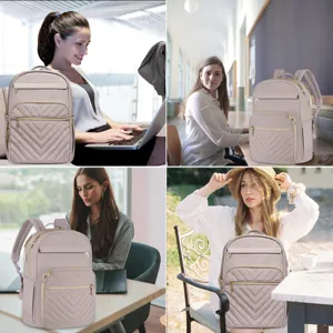 Mochila acolchada beige para portátil mostrada en cuatro entornos cotidianos versátiles