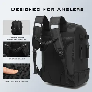 Detailed view of breathable mesh padding and breast clasp on a black fishing backpack