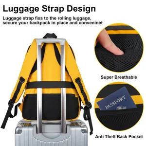 Detailansicht eines gelben Laptop-Rucksacks mit atmungsaktivem Mesh und Kofferband.