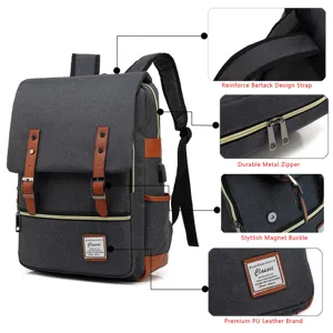 Detail view of vintage canvas laptop backpack with USB port and metal zipper