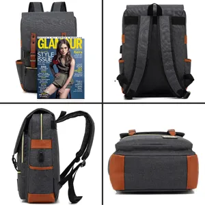 Vintage canvas laptop backpack with USB port shown in front, back and side view