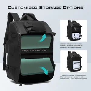 Detail of outdoor fishing backpack showing customized storage options and movable board.