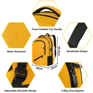 Detaillierte Merkmale des gelben wasserdichten Laptop-Rucksacks mit Maßen 46,5x33x20cm