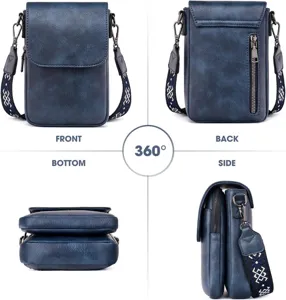 Bolso bandolera azul de cuero PU para móvil, vista de 360 grados desde cuatro ángulos.