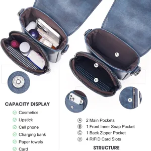 Vista detallada de compartimientos internos de bolso bandolera de cuero PU azul y slots RFID