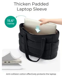 Quilted black laptop tote bag with padded sleeve for 15.6 inch computers