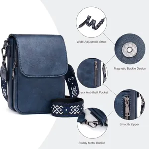 Detalle de bolso bandolera de piel PU para mujer con correa ajustable y cierres metálicos.
