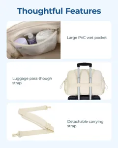 Características del bolso de viaje con bolsillo de PVC y correa de maleta.
