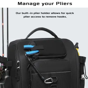Close-up of fishing tackle bag featuring a built-in plier holder for quick access