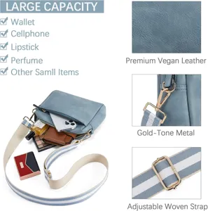 Detalles del bolso azul de cuero vegano con gran capacidad y correa tejida ajustable