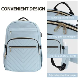 Características detalladas de la mochila azul para portátil con cremalleras doradas.