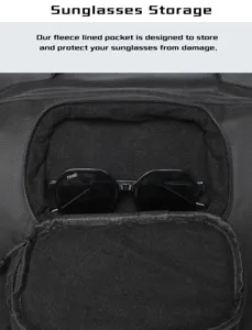 Detailed view of the soft fleece-lined sunglasses pocket on a black fishing backpack