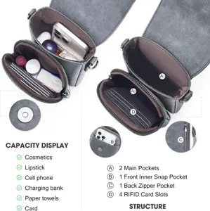 Vista detallada del bolso bandolera de PU gris con estructura interna y gran capacidad.