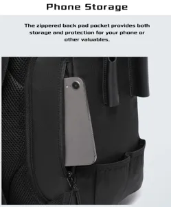 Detail view of the secure zippered back pocket on a black outdoor fishing backpack