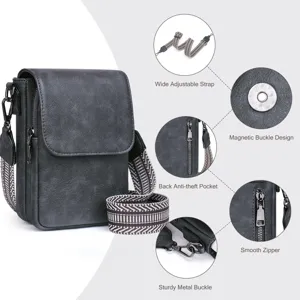Detalles del bolso bandolera de cuero PU gris con correa ajustable y cierre magnético