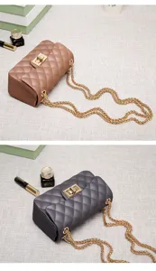 Detailed view of matte quilted jelly crossbody bags in brown and grey colors.