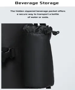 Detail view of the secure drawstring beverage storage pocket on black fishing backpack