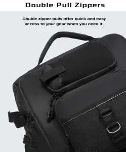 Detail view of heavy-duty double pull zippers on a durable black outdoor fishing backpack