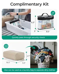 Juego de bolsas de aseo y lavandería para viaje con dimensiones detalladas y guía de uso