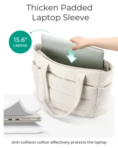 Detailed view of padded laptop sleeve in a cream quilted tote bag for 15.6 inch laptop