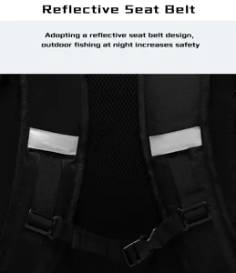 Detail view of the reflective chest straps on an outdoor lure fishing backpack.