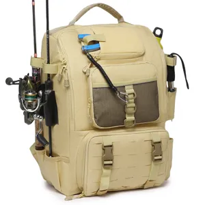 Multifunctional khaki fishing backpack with rod holders and accessory pockets