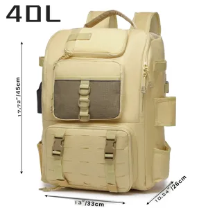 Detailed size specifications for the 40L khaki multi-functional outdoor fishing backpack.
