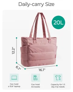 Detailed view of the pink quilted tote bag showing its 20L capacity and dimensions